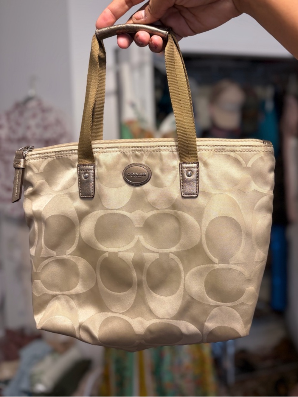 Coach Cream Signature Jacquard Metallic Gold Mini Tote Bag with double handles
